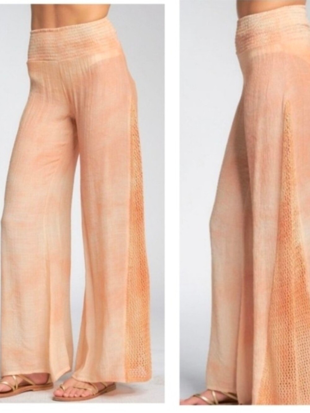 ELAN Flowy Boho Bell Bottom Beach Wid Leg Gauze Pants Side Crochet Panel Sz XS